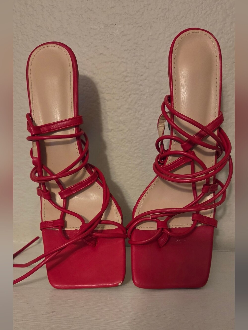 Red Lace-Up Strappy Women's Heels